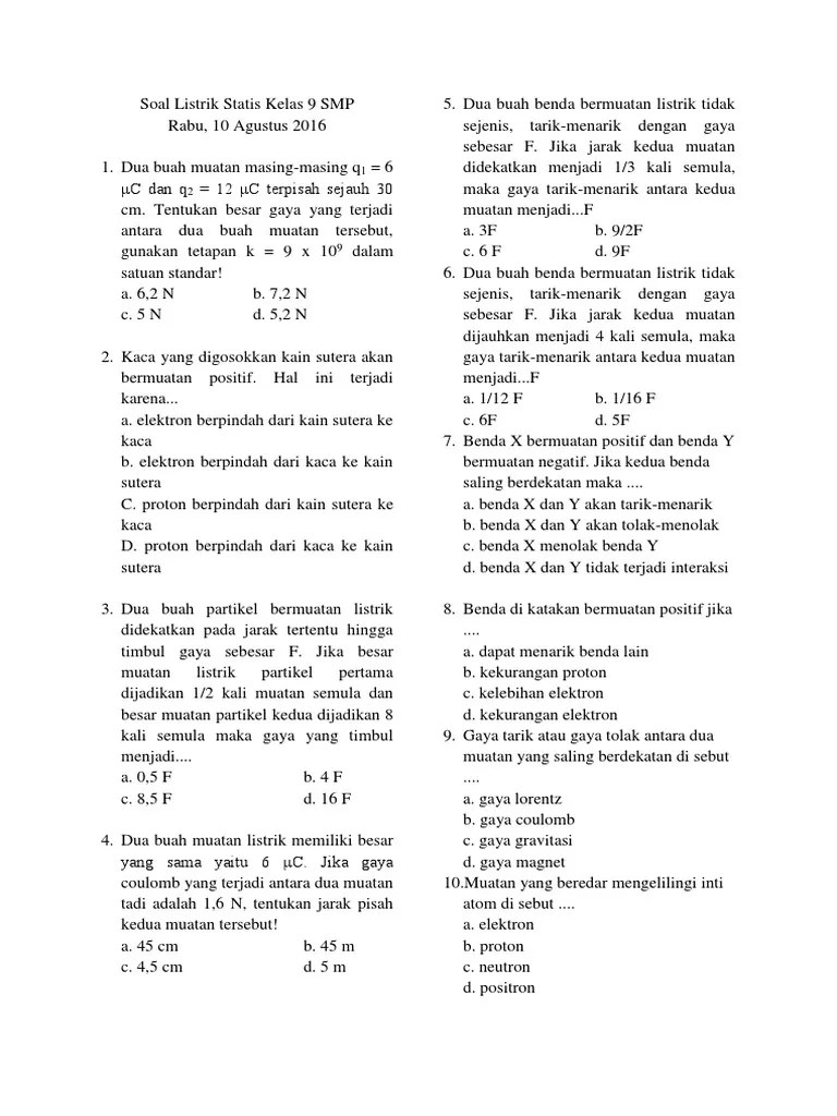 09 x 101 n ke muatan a c. Soal Listrik Statis Kelas 9 Smp Pdf