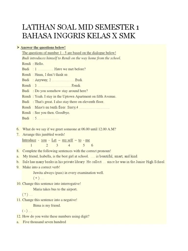 Pr bahasa inggris kelas 2/xisma/ma intan pariwara buku pr interaktif terbaru buku soal edisi terbaru 2021 penerbit intan pariwara b.inggris xi sma/ma . Latihan Soal Mid Semester 1 Bahasa Inggris Kelas X Smk Pdf