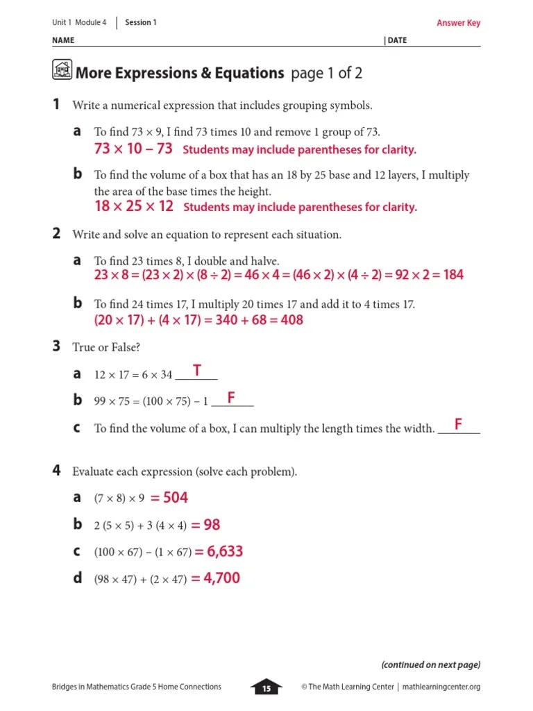 Bridges in mathematics grade 5 home connections. Bridges In Mathematics Grade 5 Home Connections Answer Key Pgs 15 18 Pdf Teaching Mathematics