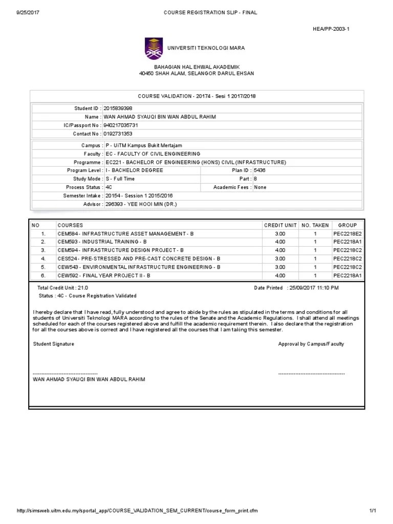Sarjana muda pentadbiran alam sekitar kepujian am228. Course Registration Slip Final Pdf Academia Students