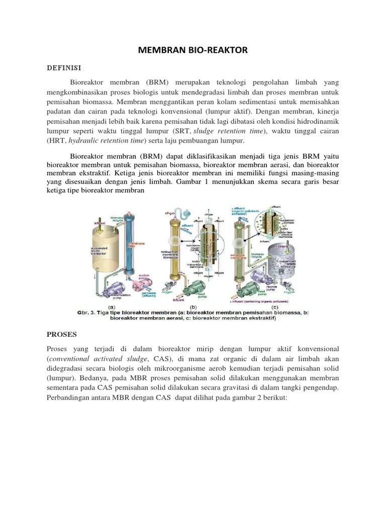Contoh reaktor yang menggunakan agensia terimobilisasi adalah bioreaktor dengan unggun atau bioreaktor membran. Membran Bio Reaktor Pdf
