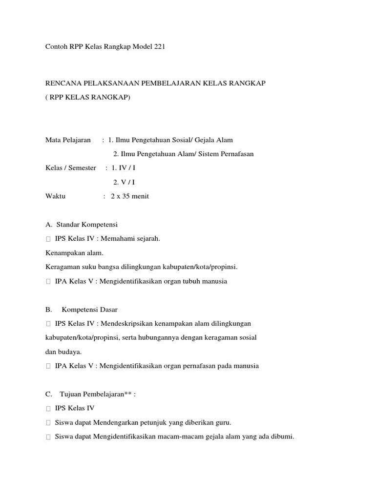 Standar kompetensi ipa kelas v 7. Contoh Rpp Kelas Rangkap Model 221 Ipa K Pdf