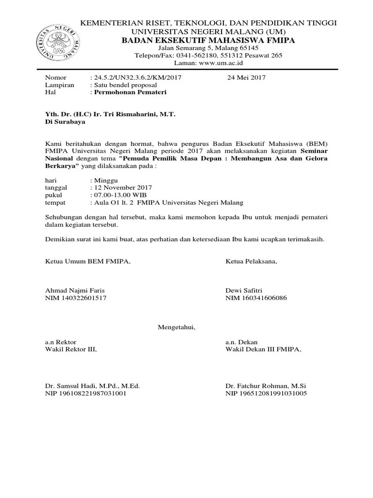 Permohonan penyamaan tahun kalender akademik 2014 / 2015. Contoh Surat Permohonan Pemateri