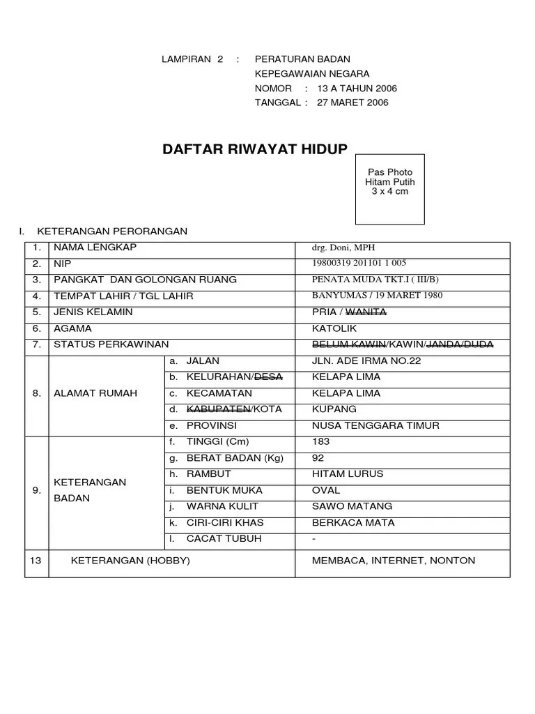 Demikian daftar riwayat hidup ini saya buat dengan sesungguhnya, dan apabila dikemudian hari. Doni Form Daftar Riwayat Hidup Bkn No 13 A Tahun 2006 Pdf