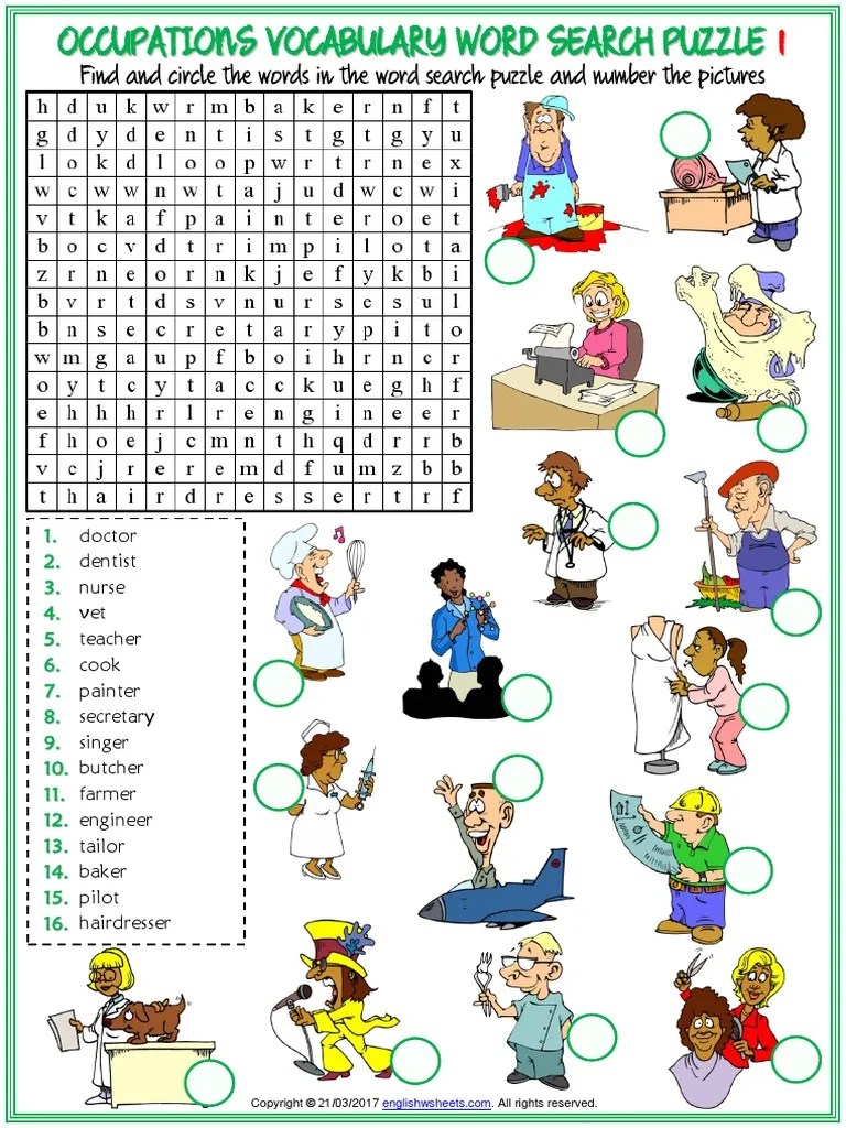 occupations vocabulary esl word search puzzle worksheets for kidspdf
