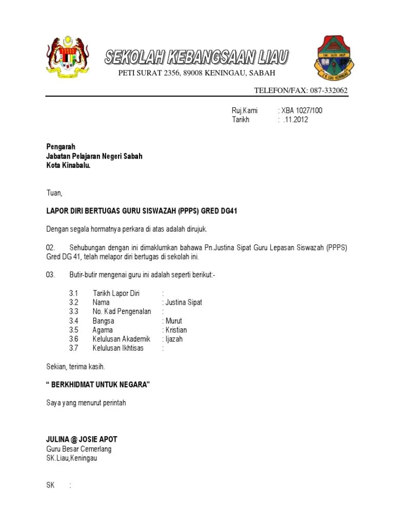 Contoh laporan mengenai tidak hadir bertugas pada masa. Contoh Surat Lapor Diri Bertugas Tengok Letter Website