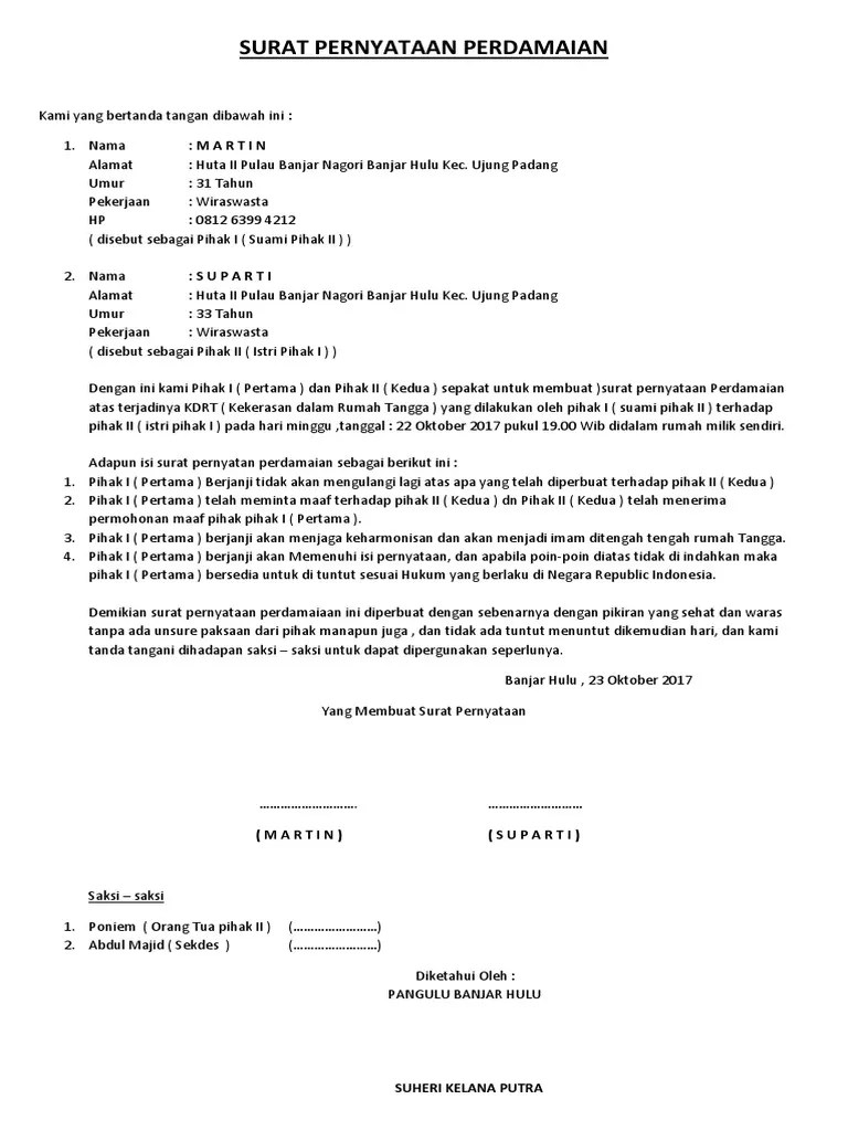 Noki aristya siska fri, 22 february 2019 at 10:55. Surat Pernyataan Perdamaian Pdf