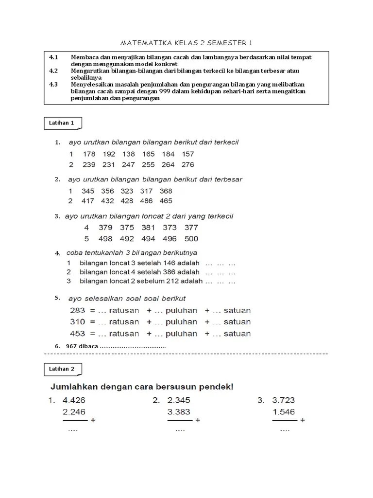Kekurangan pada siklus i akan dilakukan perbaikan sebagai berikut : Matematika Kelas 2 Semester 1 Penjumlahan Pengurangan Perkalian Pdf