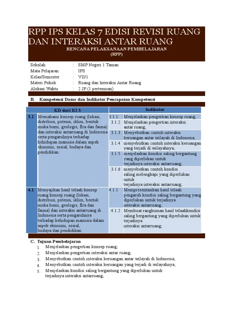 RPP Ips Kelas 7 Edisi Revisi Ruang Dan Interaksi Antar Ruang | PDF