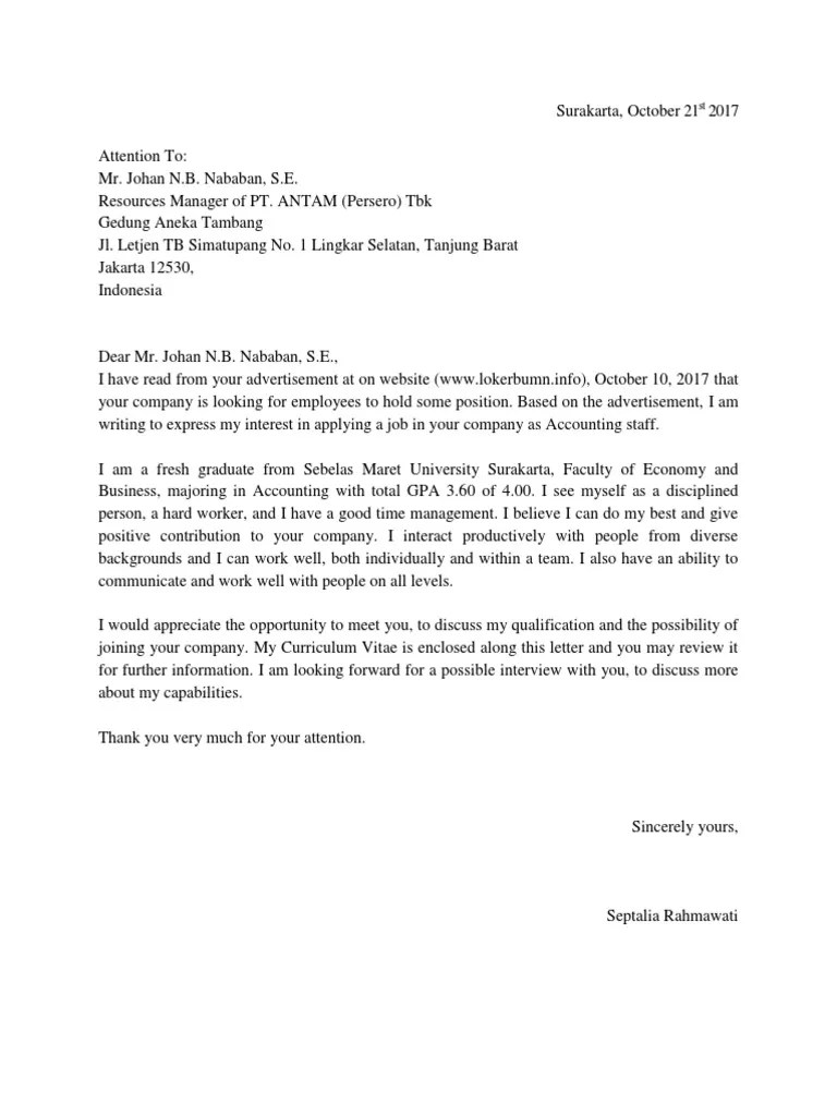 Contoh cover letter untuk fresh graduate dengan pengalaman magang. Contoh Surat Lamaran Kerja Bahasa Inggris Untuk Fresh Graduate