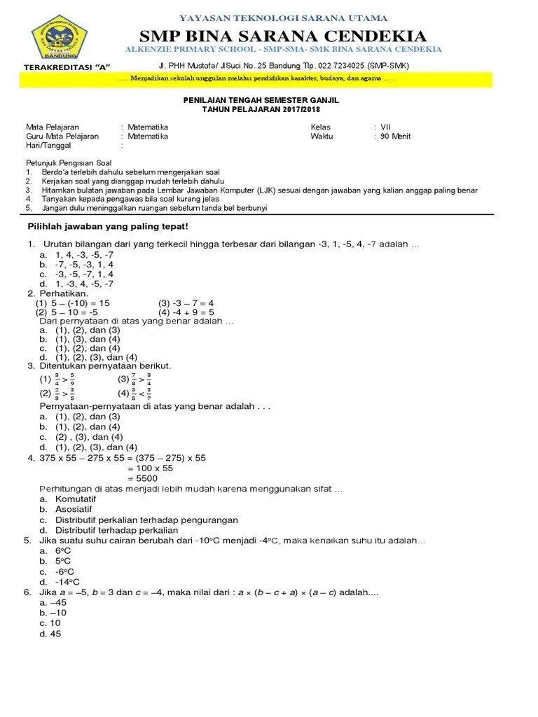 Check spelling or type a new query. Soal Pts Smp Matematika Kelas Vii Soal