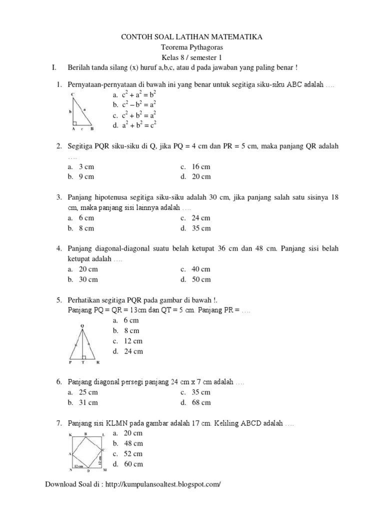 8.5. Contoh Soal Latihan Matematika Teorema Pythagoras Kelas 8 SMP PDF