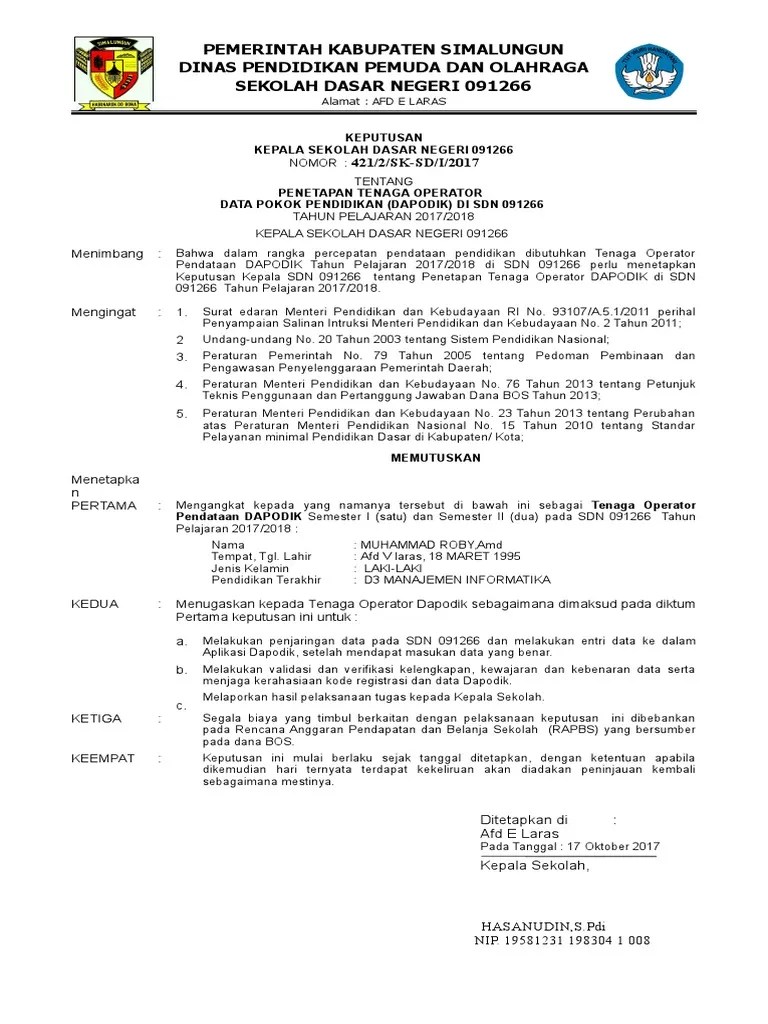 Dalam hal ini dinas hanya . Sk Operator Sekolah Dapodikdas Revisi Id