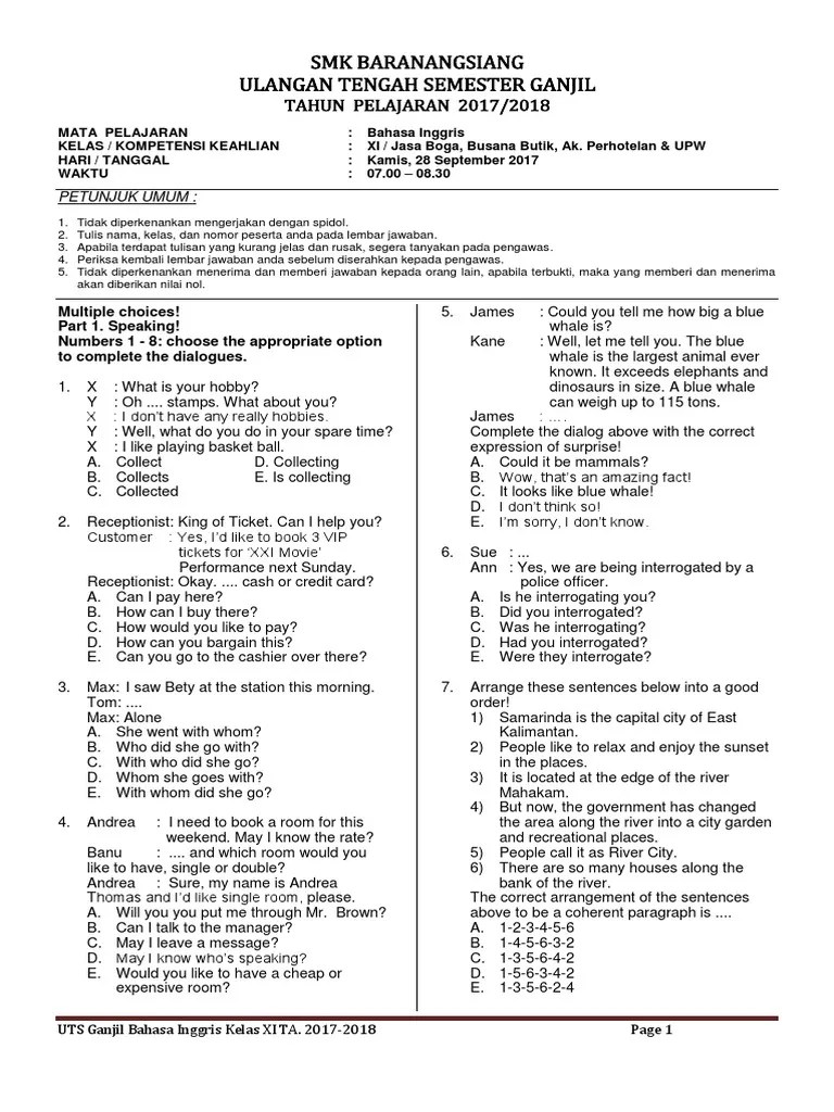 Soal Uts Bahasa Inggris Xi