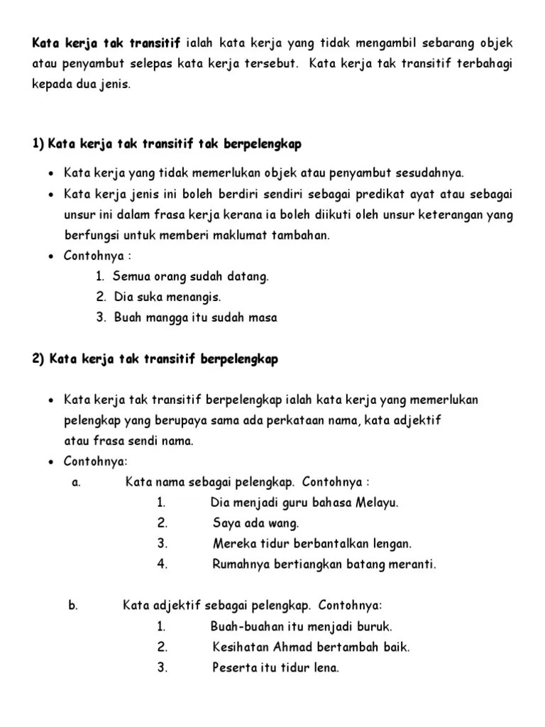 Tatabahasa kata kerja kata kerja aktif transitif. Kata Kerja Tak Transitif Pdf