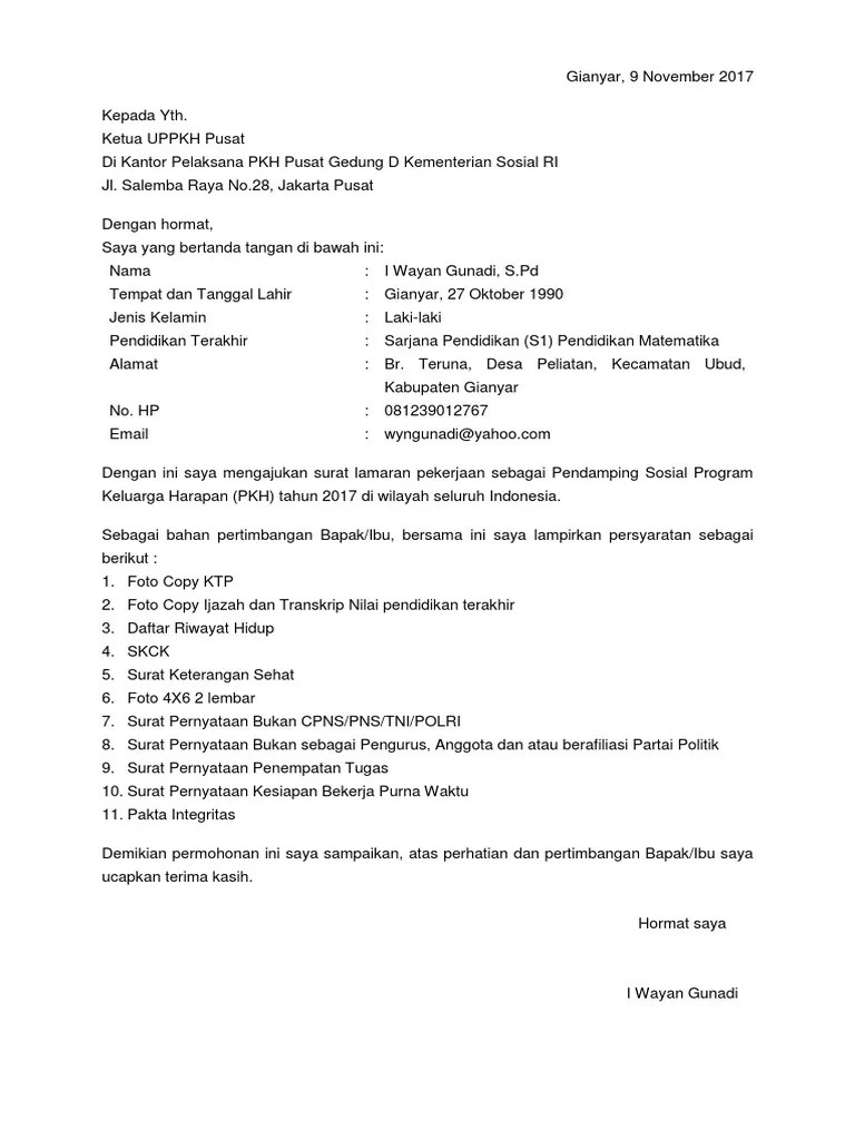 Asli surat keterangan dari kepala desa/kepala suku yang menyatakan bahwa orang tua (bapak. Lamaran Pendamping Pkh Pdf