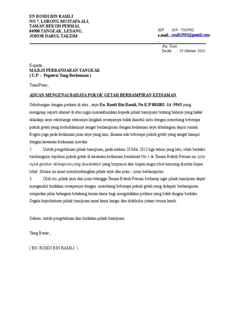 Nazleen bte ahmad (pelajar sekolah menengah tanjung bunga). Contoh Surat Rasmi Aduan Kepada Majlis Perbandaran