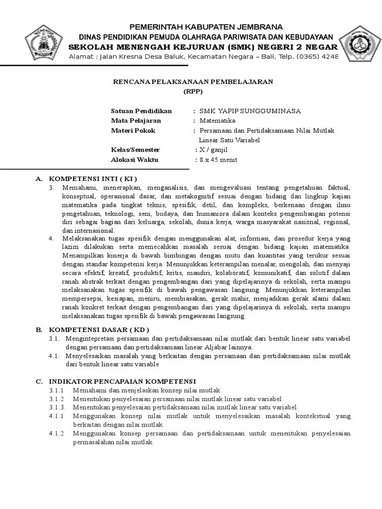 RPP K 13 Persmaan Dan Pertidaksamaan Nilai Mutlak | PDF