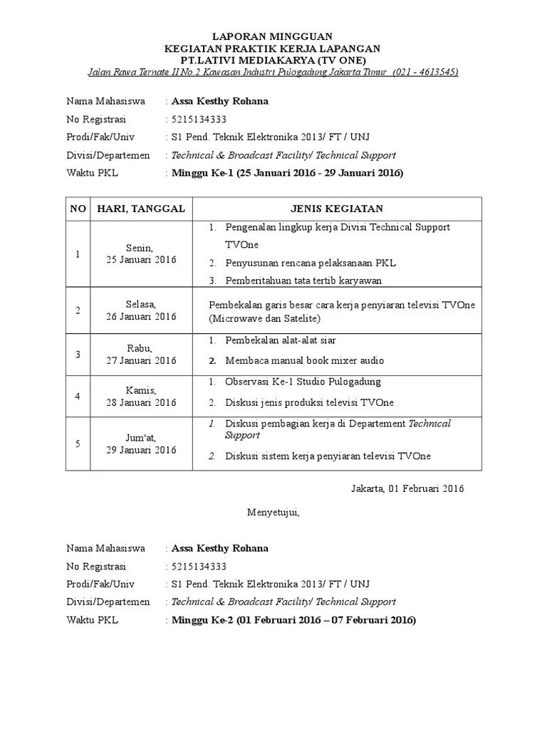 Contoh laporan harian mingguan bulanan proyek konstruksi ini contoh online from 1.bp.blogspot.com cara buat report kerja harian. Laporan Mingguan Pkl Tv One Assa Pdf
