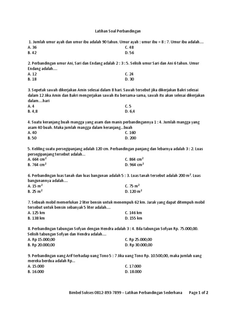Contoh Soal Perbandingan Kls 5 Sd