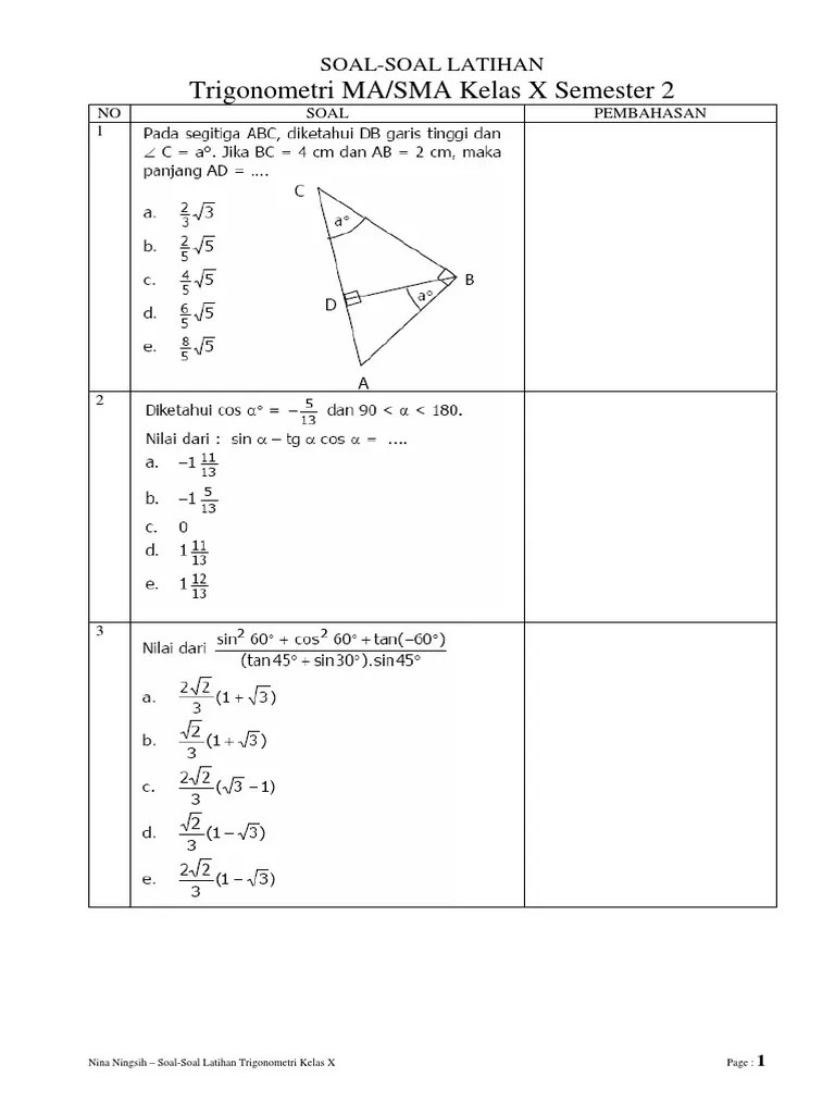 Dalam segitiga abc diketahui b = 8 cm, c = 5 cm, dan sudut a = 60. Soal Trigono Wordpresscom 5a0990821723dd0290a7a010 Pdf Pdf