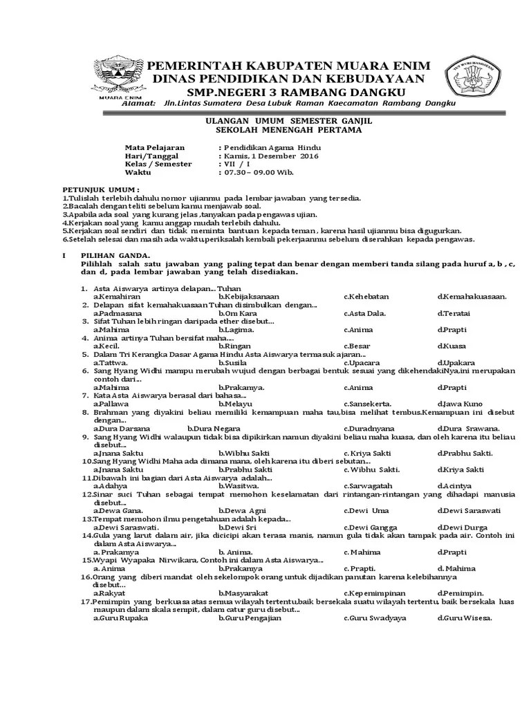 Soal Agama Hindu Kelas 6 2020