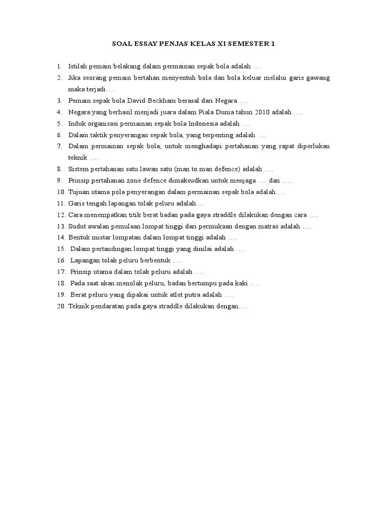Contoh soal penjas kelas x semester 2 dan kunci jawabannya (essay) (soal . Soal Essay Penjas Kelas Xi Semester 1 Pdf