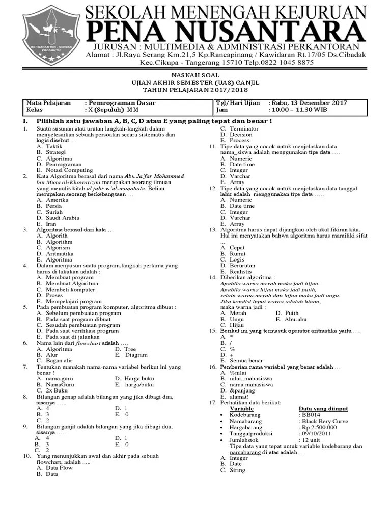 Soal UAS Pemrograman Dasar Kelas X Kurikulum 2013 Revisi 2017 | PDF