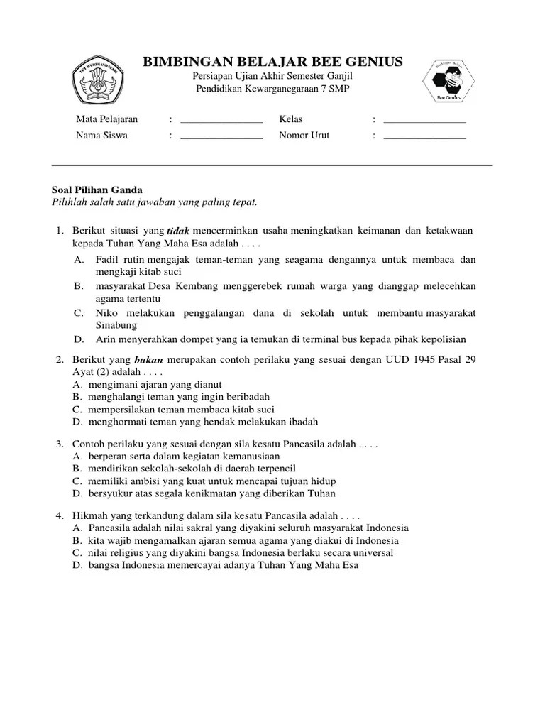 Soal Ulangan - Beriman Dan Bertakwa Kepada Tuhan Yang Maha Esa (K13) | PDF