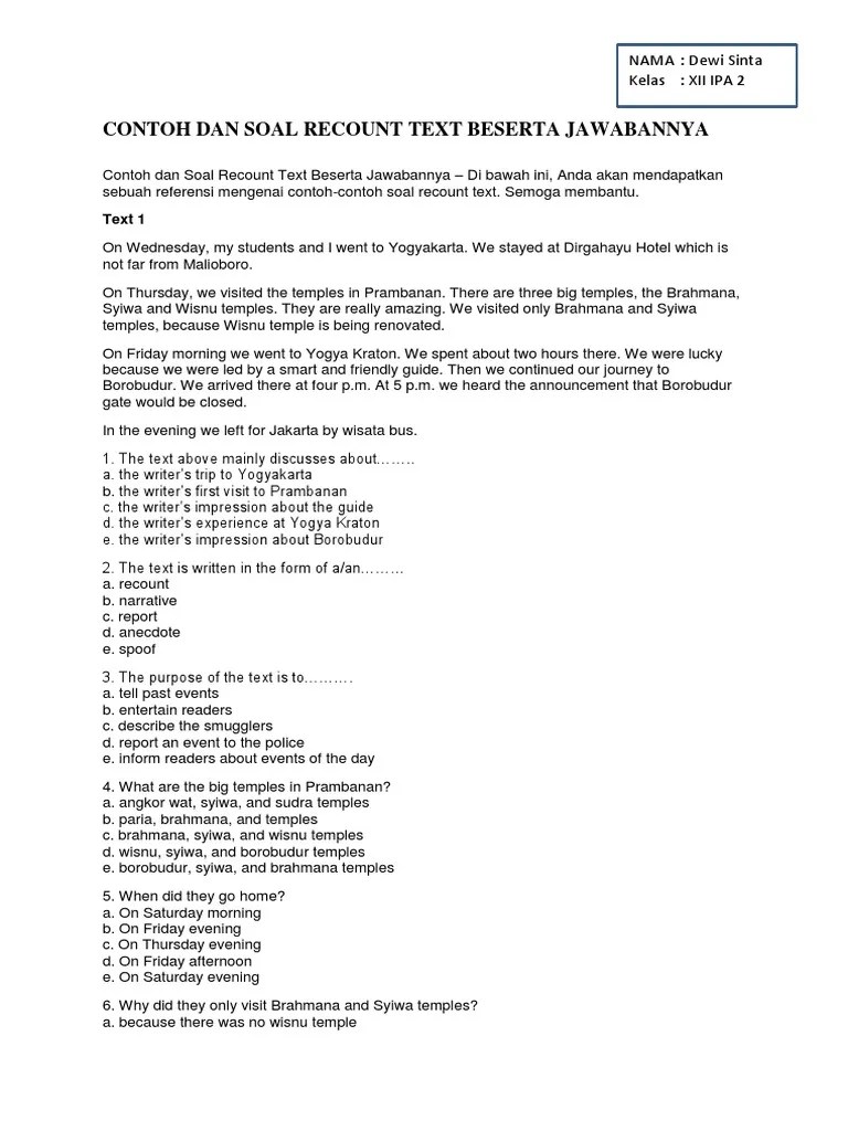 Report text bali bali is situated between the island of java to the west and the island of lombok to the east. Contoh Dan Soal Recount Text Beserta Jawabannya Pdf