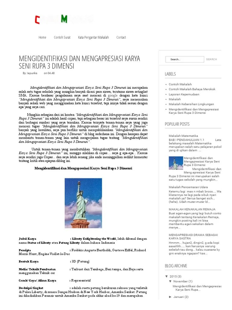 CONTOH MAKALAH - Mengidentifikasi Dan Mengapresiasi Karya Seni Rupa 3  Dimensi | PDF
