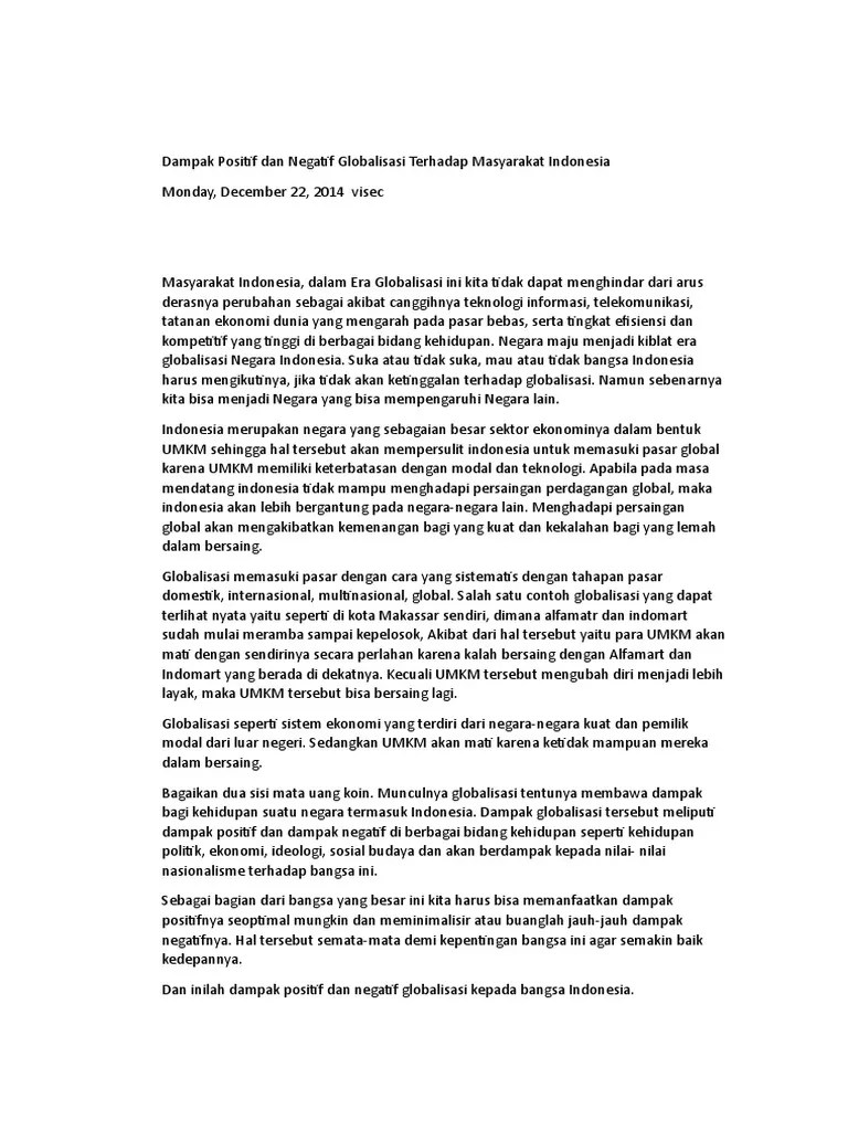 Dampak Positif Dan Negatif Globalisasi Terhadap Masyarakat Indonesia | PDF