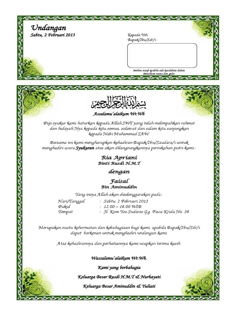Kali ini admin akan memberikan contoh format penulisan syukuran pernikahan yang biasanya diletakan pada kotak nasi berkat. Contoh Surat Undangan Syukuran Pernikahan