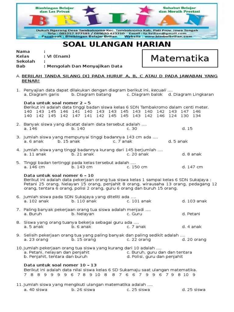 Soal penyajian data kelas 5 sd yang ada besarta pembahasannya : Download Soal Ulangan Harian Matematika Kelas 5 Statistika Data