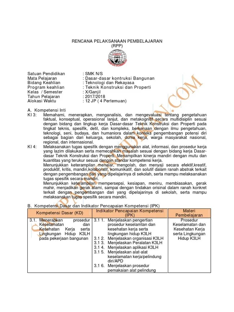 rpp bahasa inggris 1 lembar kelas x yang kami bagikan ini merupakan rpp yang telah disusun secara lengkap untuk semester 1 dan semester 2. Rpp Dasar Dasar Kontruksi Bangunan 10 Smk