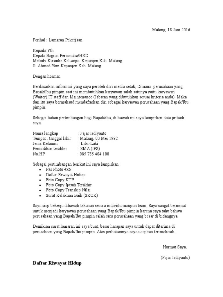 Surat lamaran kerja di hotel sebagai waiter. Lamaran Kerja Pdf