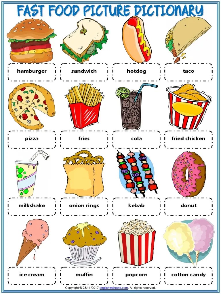 fast food vocabulary esl picture dictionary worksheet for