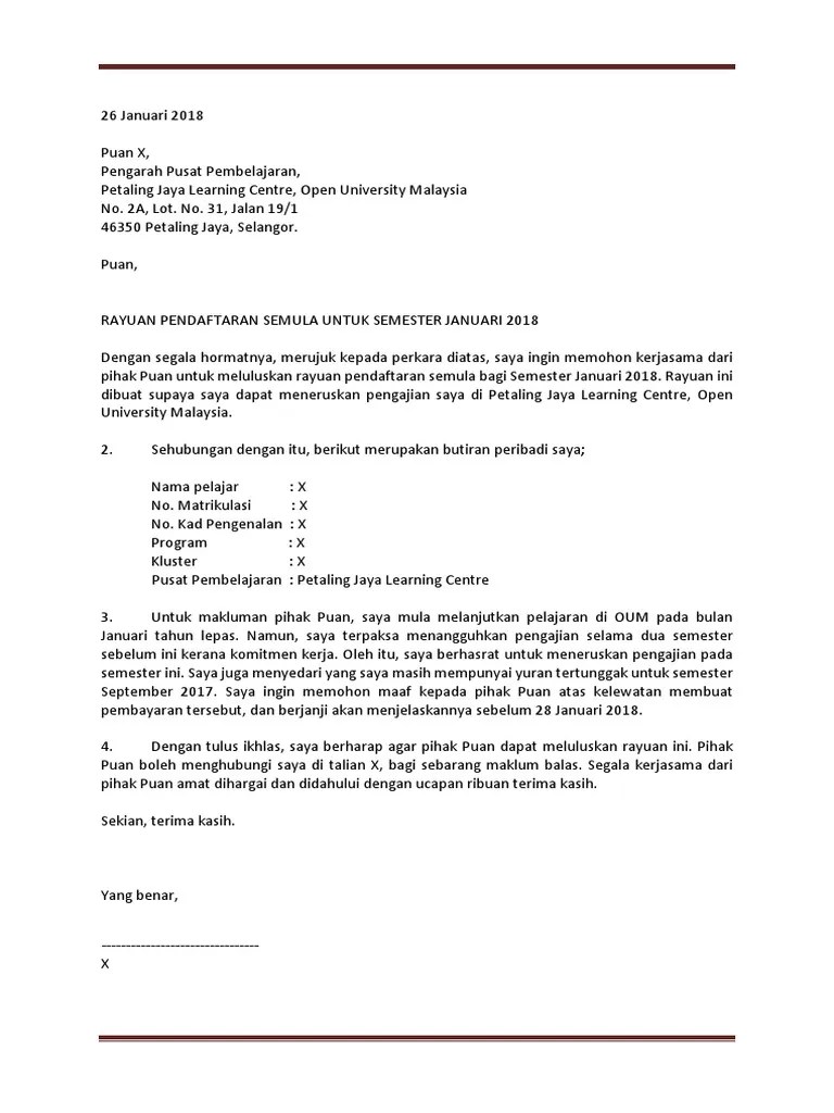 Video ini adalah cara untuk mendaftar untuk mengikuti pengajian di uum secara separuh masa. Surat Rayuan Oum Pdf