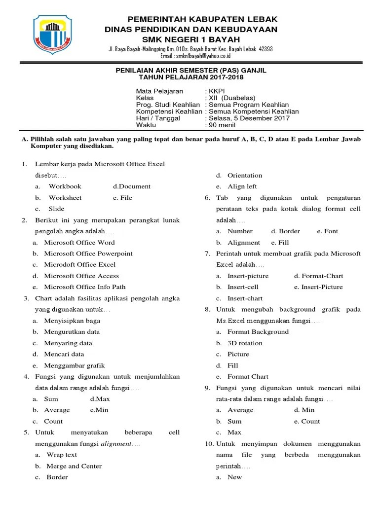 Soal Uas Tik Kelas 12 Semester 1 Dan Kunci Jawaban Doc - Kunci Ujian