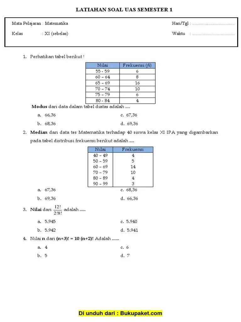 Dalam materi matematika kelas 6 ini terbagi dalam 6 bab dan setiap bab … Latihan Soal Uas Matematika Kelas 11 Semester 1 Pdf