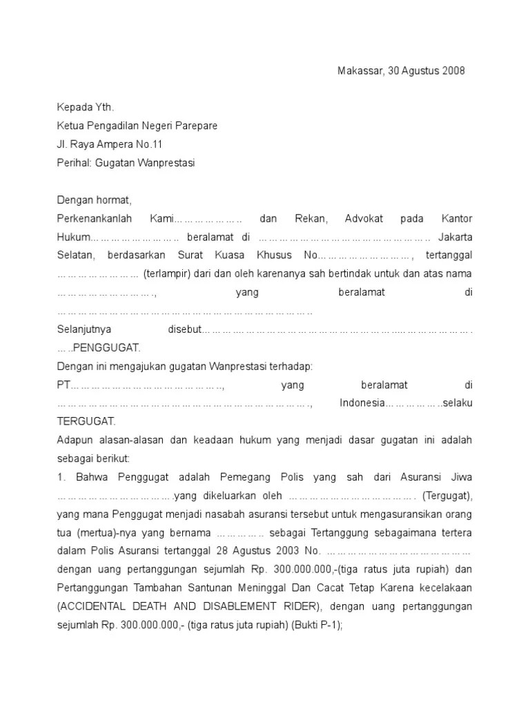 Surat kuasa kepada yth : Contoh Surat Gugatan Wanprestasi Kita