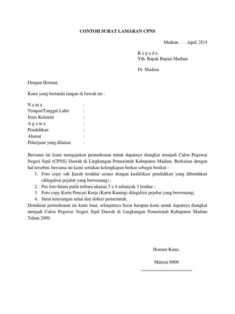 Surat lamaran diketik menggunakan komputer, ditandatangani. 14 Contoh Surat Lamaran Cpns Pemerintah Kota Madiun Koleksi Letter