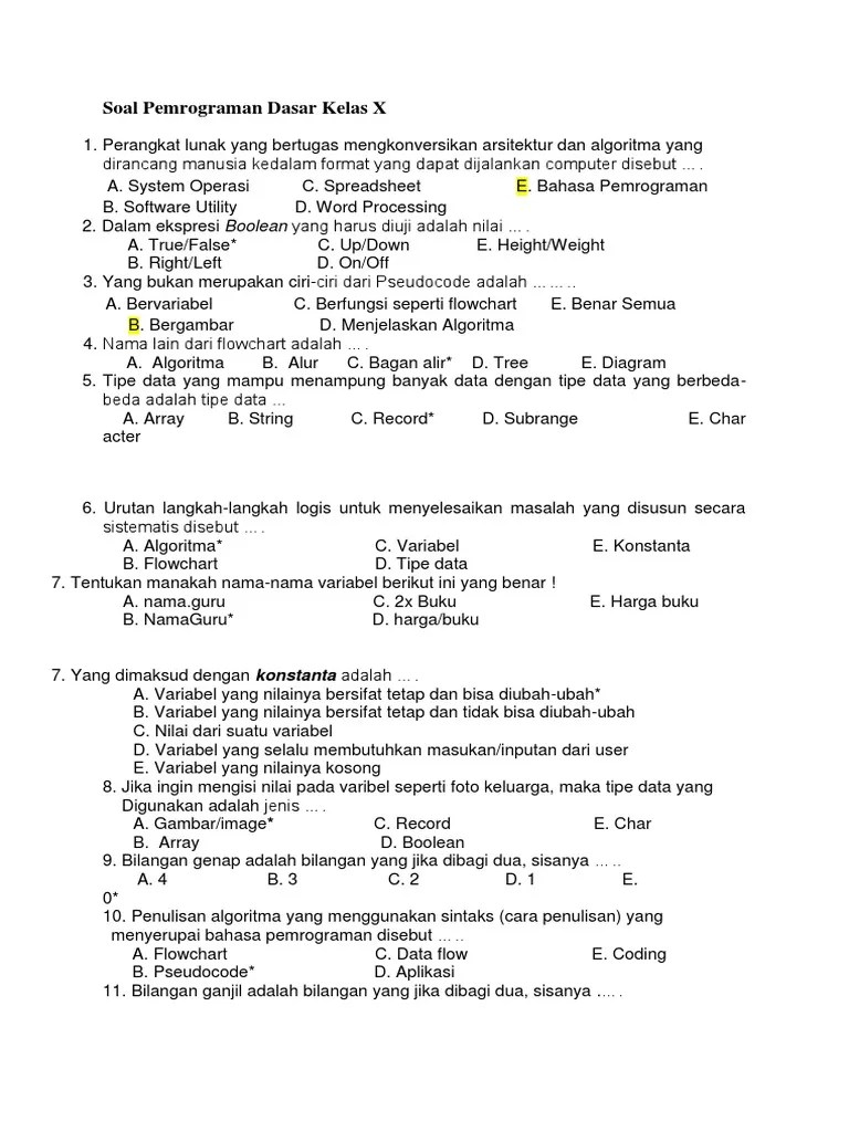 Soal Pemrograman Dasar Kelas 10 Semester 2 Beserta Jawabannya