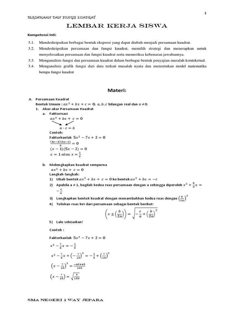 Contoh rpp matematika kelas x dengan topik persamaan dan fungsi kuadrat untuk kurikulum 2013 guraruguraru from . Lembar Kerja Siswa Persamaan Kuadrat Pdf