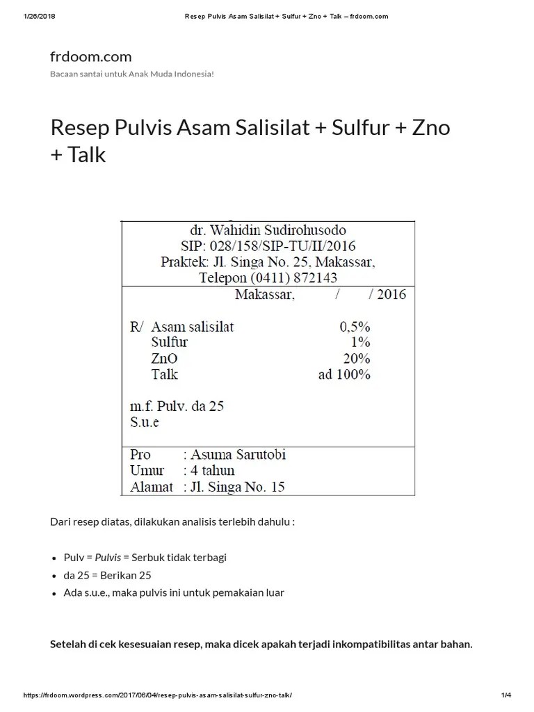 Resep Pulvis Asam Salisilat + Sulfur + Zno + Talk - Frdoom | PDF