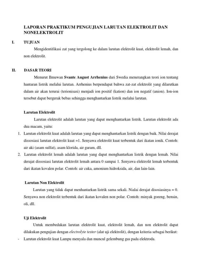 Laporan Praktikum Pengujian Larutan Elektrolit Dan Nonelektrolit | PDF