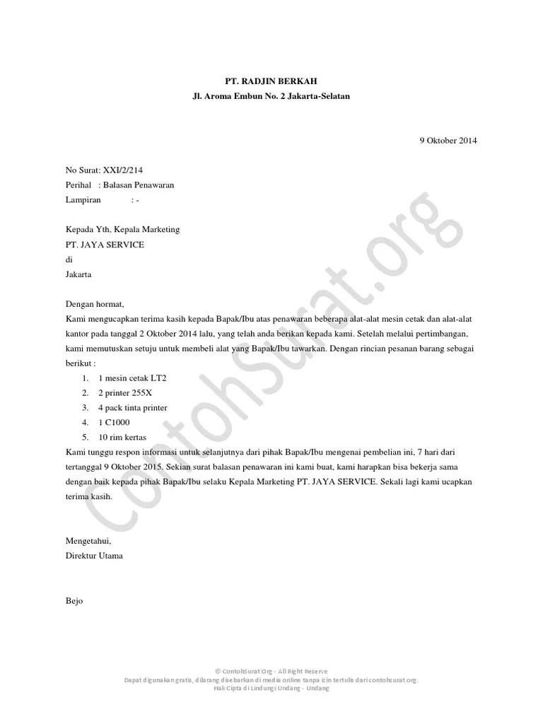 Contoh Surat Balasan Penawaran Untuk Pembelian Alat Alat Kantor | PDF