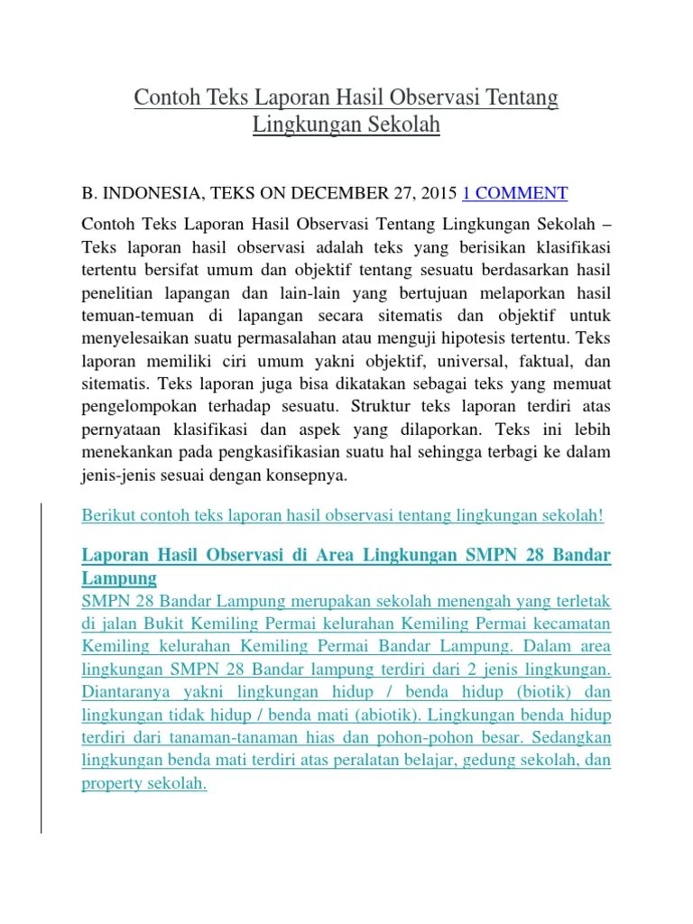Contoh teks laporan observasi singkat terlengkap (sekolah, lingkungan, hewan, tumbuhan). Text Observasi Tina Pdf