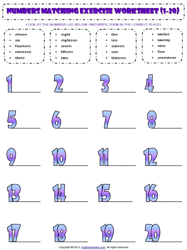 numbers 1 to 20 esl vocabulary matching exercise worksheetpdf