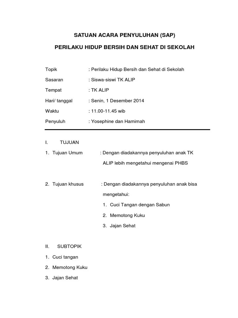 Satuan Acara Penyuluhan Phbs TK | PDF